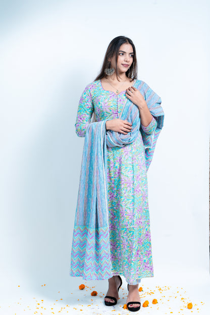 Blue Blossom Ensemble: Printed Kali Suit With Dupatta