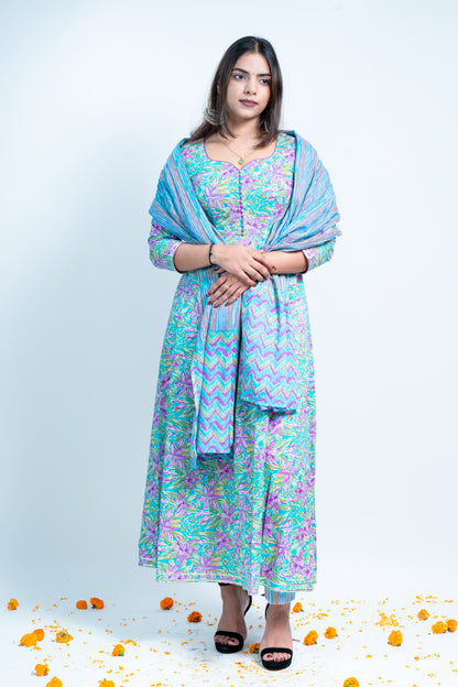 Blue Blossom Ensemble: Printed Kali Suit With Dupatta