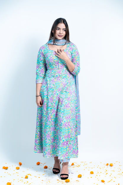 Blue Blossom Ensemble: Printed Kali Suit With Dupatta