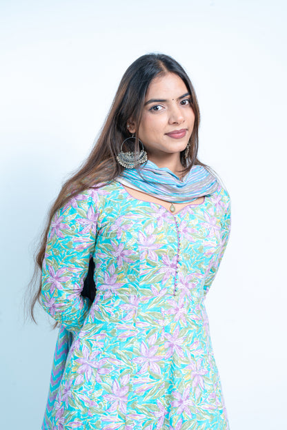 Blue Blossom Ensemble: Printed Kali Suit With Dupatta