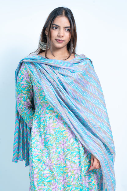 Blue Blossom Ensemble: Printed Kali Suit With Dupatta