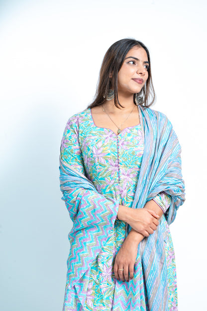 Blue Blossom Ensemble: Printed Kali Suit With Dupatta