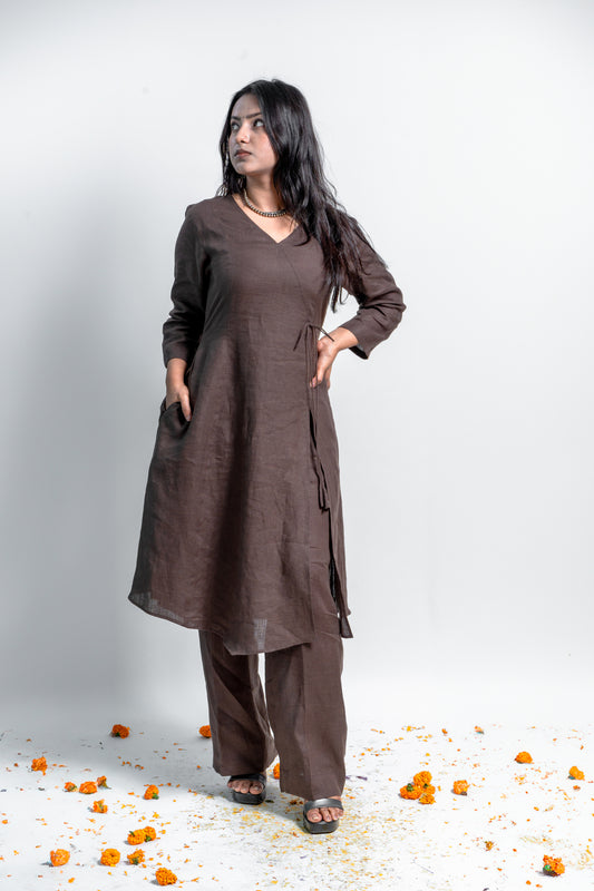 Earthly Elegance: Brown Linen Angrakha Style Set