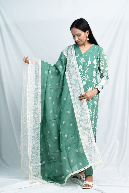 Emerald Elegance: Fully Embroidered Pure Organza Green Suit