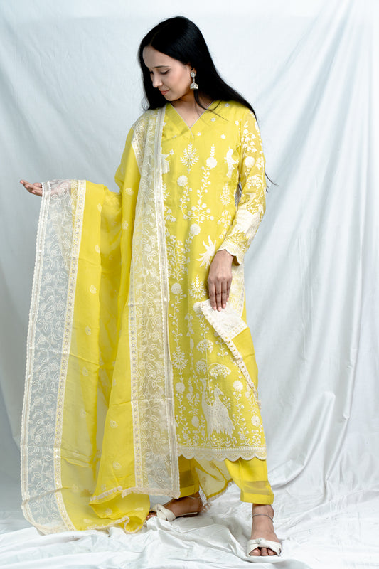 Neon Glow: Fully Embroidered Neon Yellow Pure Organza Suit