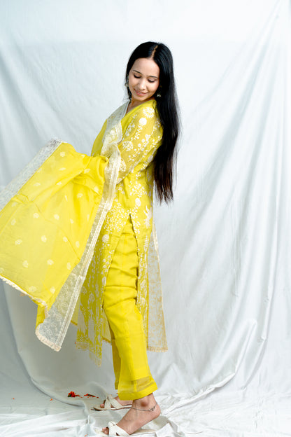 Neon Glow: Fully Embroidered Neon Yellow Pure Organza Suit