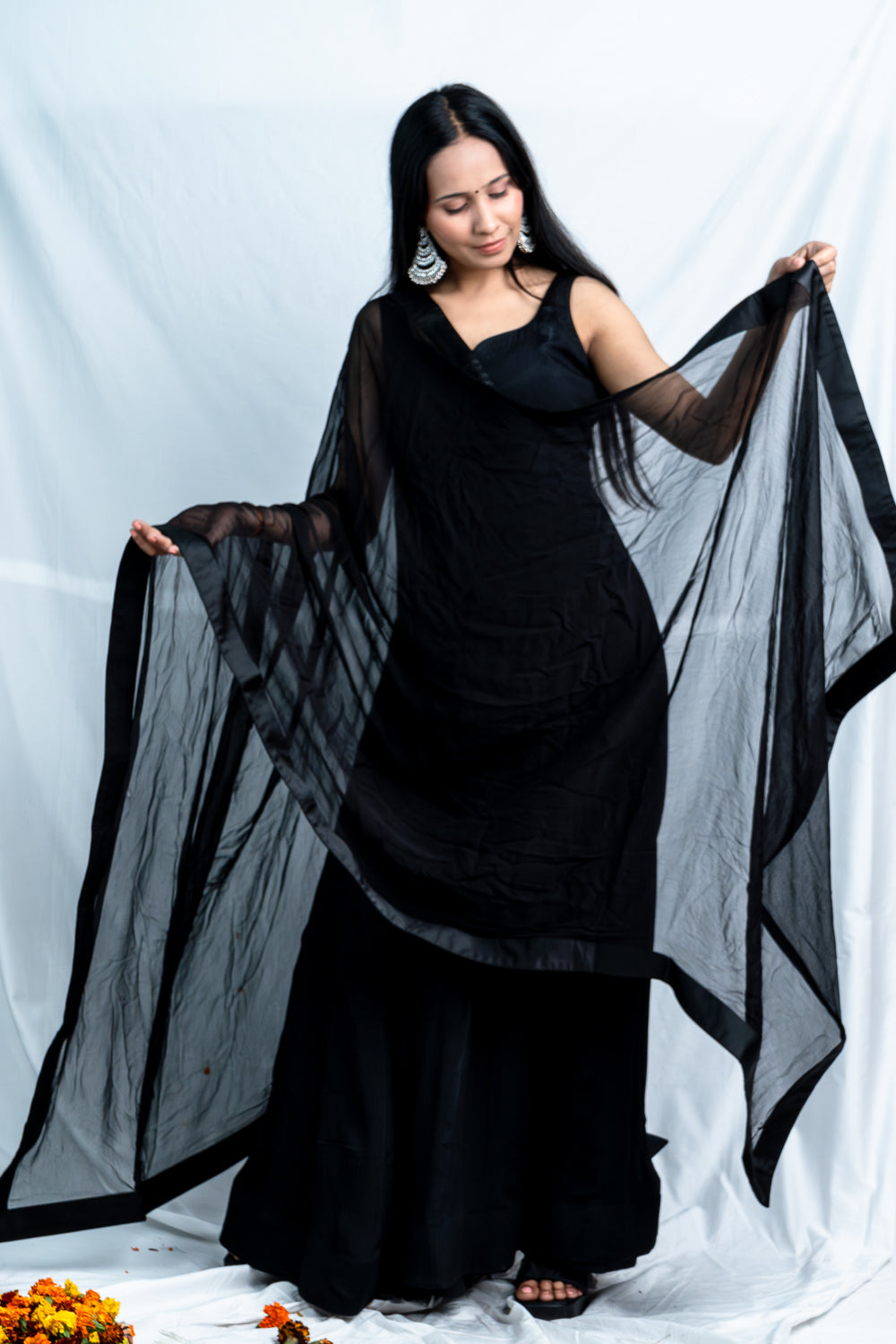 Midnight Elegance: Black Crepe Anarkali Suit