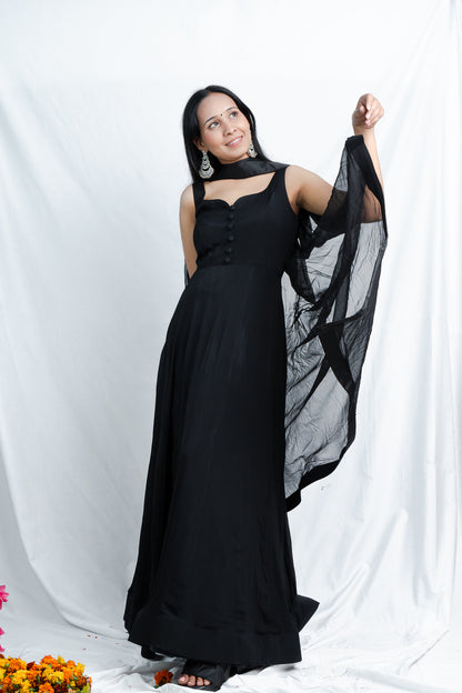 Midnight Elegance: Black Crepe Anarkali Suit