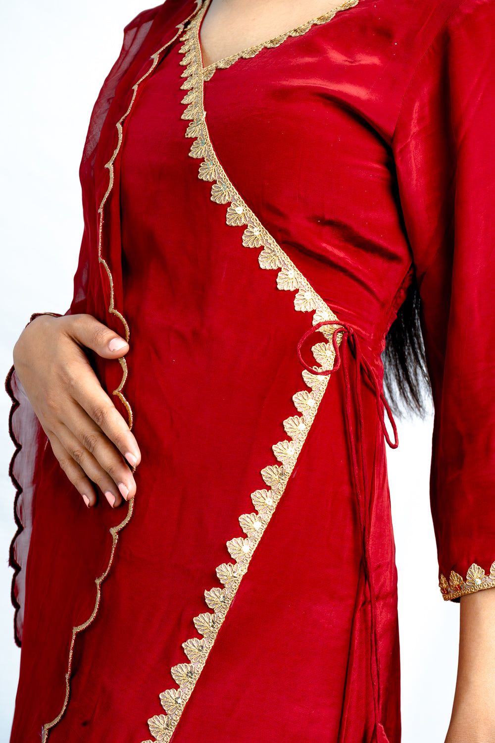 Scarlet Elegance: Angrakha Suit Set with Intricate Detailing
