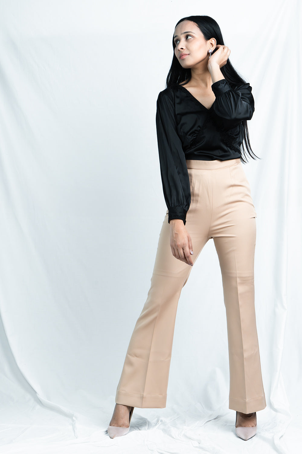 Sophisticated Elegance: Beige High-Waist Soft Flare Trousers for Formal Attire